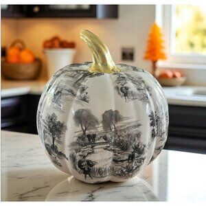 Mackenzie Childs Royal Toile Pumpkin Black White Gold Stem 11" Fall Decor Rare